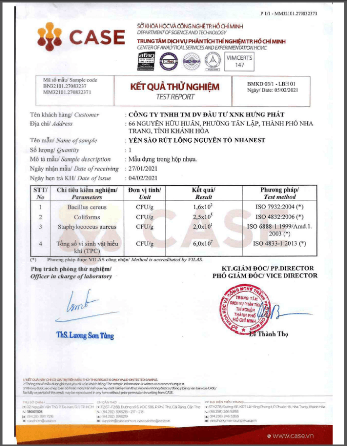 Thử nghiệm vi sinh vật yến rút lông nguyên tổ NhaNest