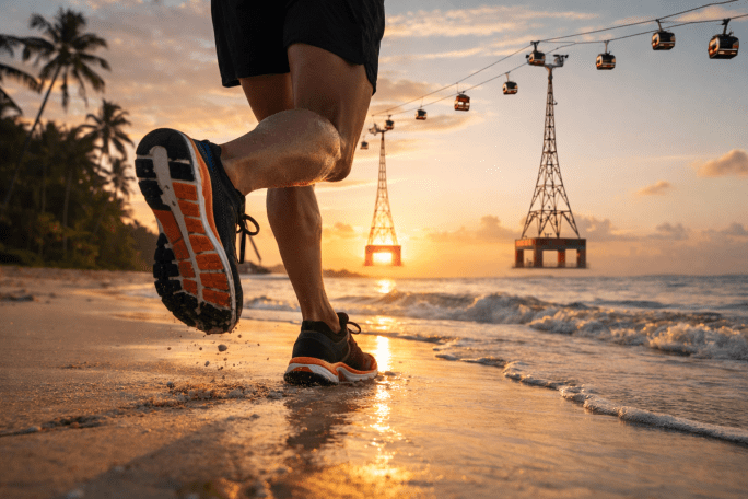 Legs and running shoes of a person jogging on a sandy beach at sunrise