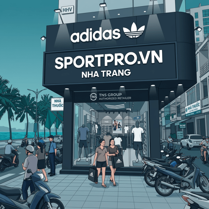 Adidas SPORTPRO.VN store entrance with shoppers holding Adidas bags