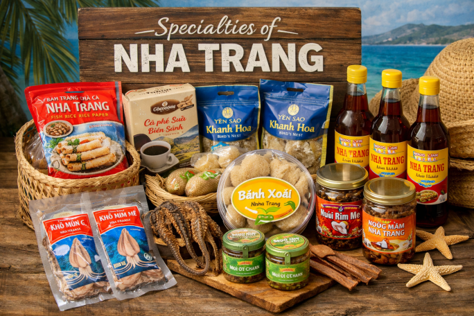 Various packaged specialty food products from Nha Trang including fish rice paper, bird's nest, sauces, dried seafood, and snacks arranged on a wooden table.