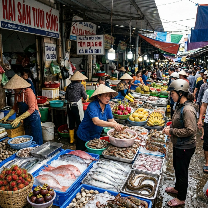 Seafood vendors wearing conical hats selling fish, shrimp, and shellfish in a crowded market