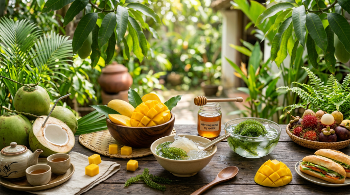Bowl of diced mango, sea grapes in ice, bowl with sea grapes and white jelly, jar of honey with dipper on wooden table