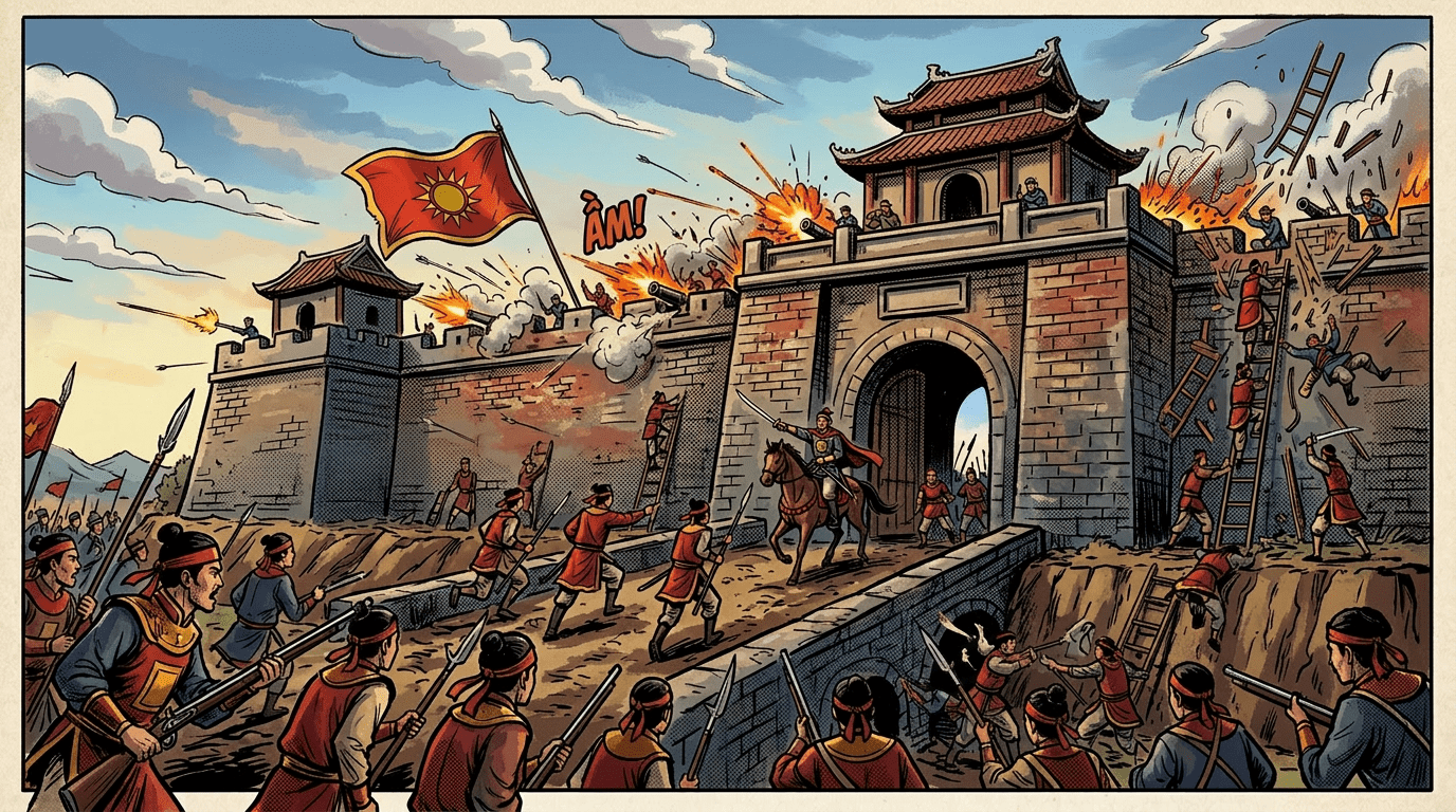 Historical battle scene of soldiers attacking Diên Khánh fortress with cannons and spears